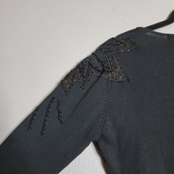 Vintage Fitted Ribbed Applique Beaded Shoulder Detail 3/4 Sleeve Black sz L - Picture 7 of 7
